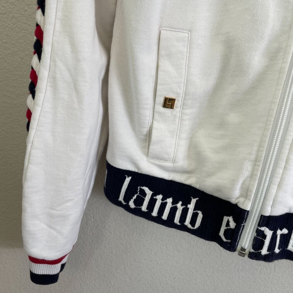L.A.M.B. White Hoodie Jacket with Black Graphic and Red & Navy Braid Trim - Picture 9 of 13